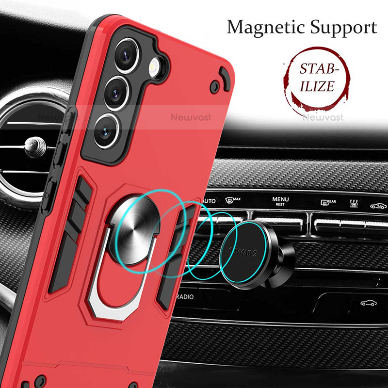 Silicone Matte Finish and Plastic Back Cover Case with Magnetic Finger Ring Stand Y01B for Samsung Galaxy S21 Plus 5G