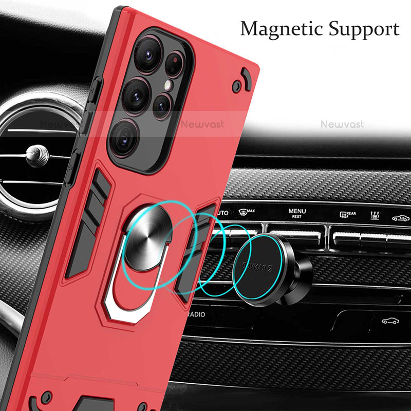 Silicone Matte Finish and Plastic Back Cover Case with Magnetic Finger Ring Stand Y01B for Samsung Galaxy S21 Ultra 5G