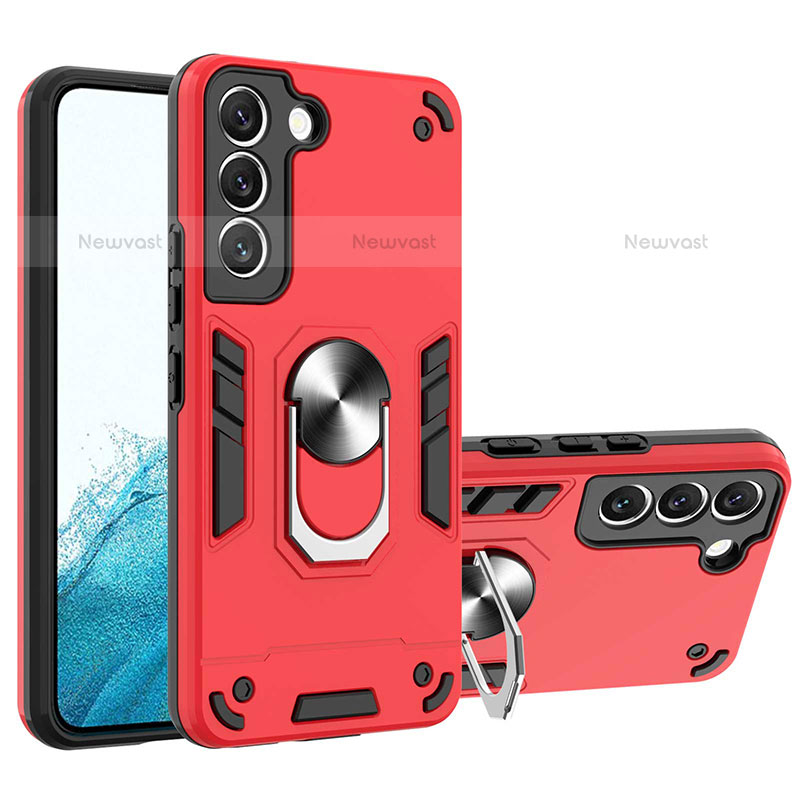 Silicone Matte Finish and Plastic Back Cover Case with Magnetic Finger Ring Stand Y01B for Samsung Galaxy S23 Plus 5G Red