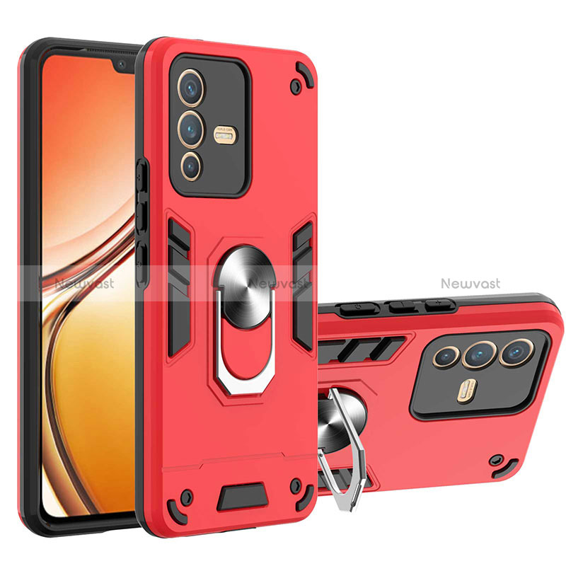 Silicone Matte Finish and Plastic Back Cover Case with Magnetic Finger Ring Stand Y01B for Vivo V23 5G Red