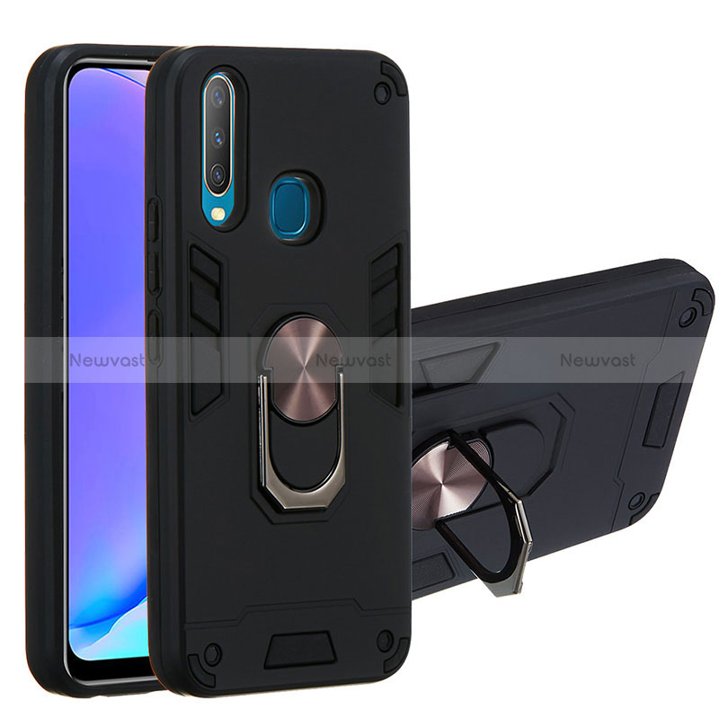 Silicone Matte Finish and Plastic Back Cover Case with Magnetic Finger Ring Stand Y01B for Vivo Y11