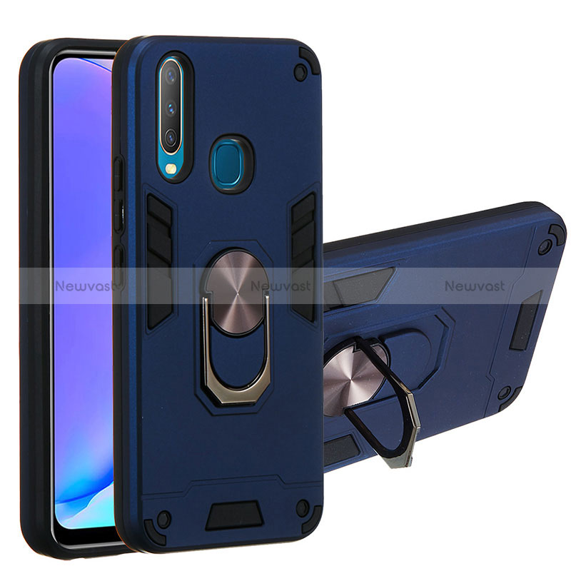 Silicone Matte Finish and Plastic Back Cover Case with Magnetic Finger Ring Stand Y01B for Vivo Y11 Blue