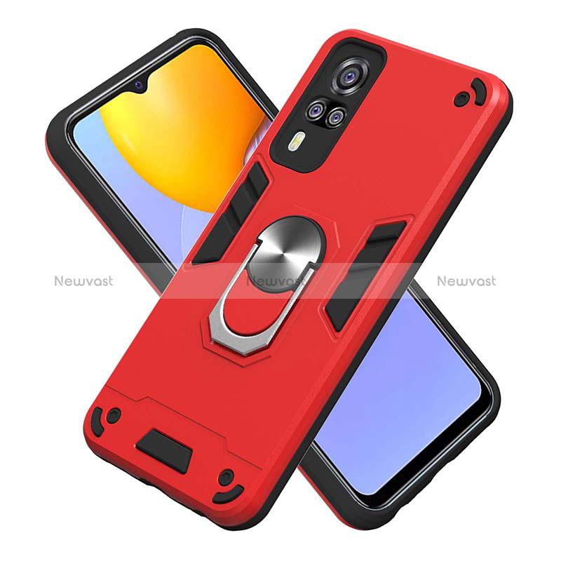 Silicone Matte Finish and Plastic Back Cover Case with Magnetic Finger Ring Stand Y01B for Vivo Y31 (2021)