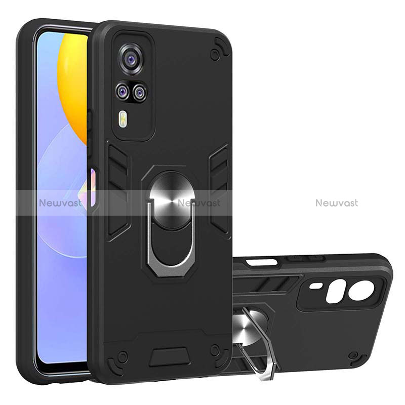 Silicone Matte Finish and Plastic Back Cover Case with Magnetic Finger Ring Stand Y01B for Vivo Y31 (2021) Black