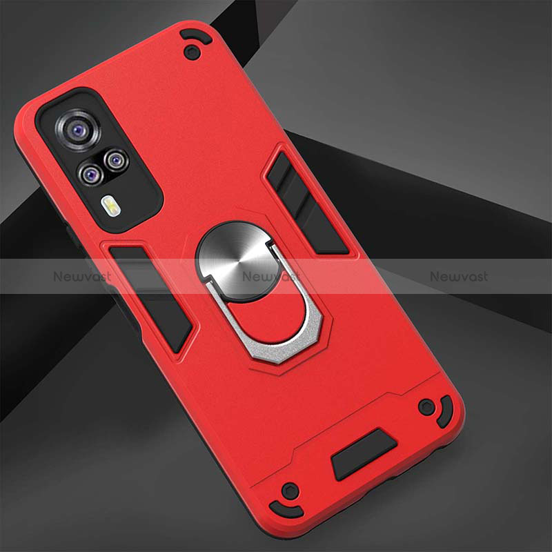 Silicone Matte Finish and Plastic Back Cover Case with Magnetic Finger Ring Stand Y01B for Vivo Y51A