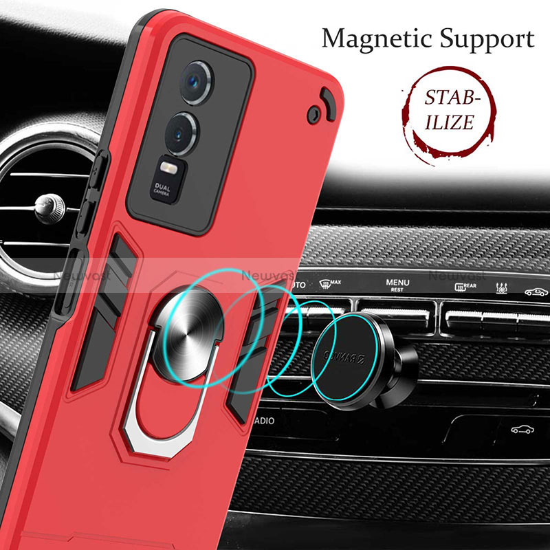 Silicone Matte Finish and Plastic Back Cover Case with Magnetic Finger Ring Stand Y01B for Vivo Y74s 5G