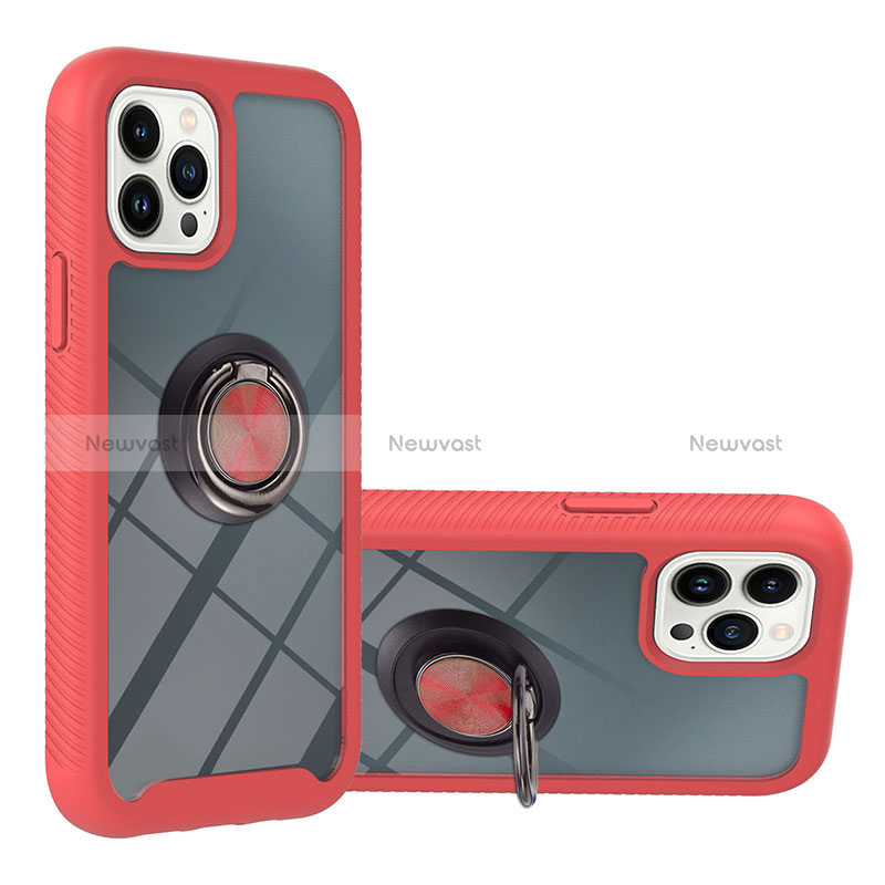 Silicone Matte Finish and Plastic Back Cover Case with Magnetic Finger Ring Stand YB1 for Apple iPhone 15 Pro Max Red