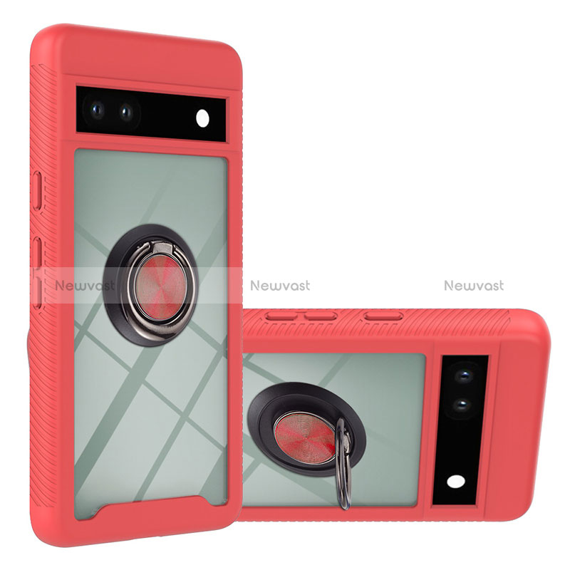 Silicone Matte Finish and Plastic Back Cover Case with Magnetic Finger Ring Stand YB1 for Google Pixel 7a 5G Red