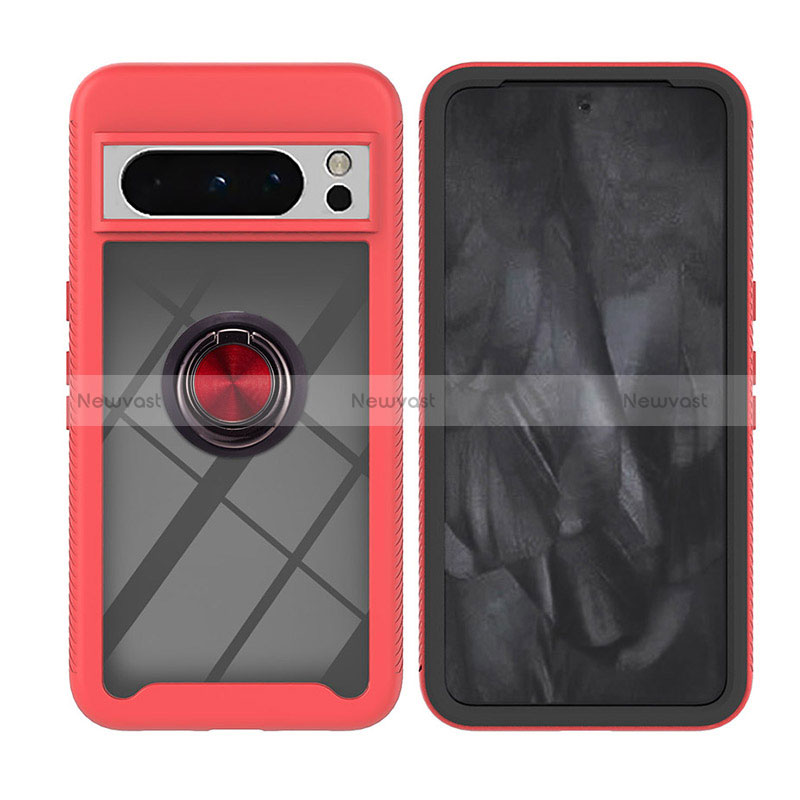 Silicone Matte Finish and Plastic Back Cover Case with Magnetic Finger Ring Stand YB1 for Google Pixel 8 Pro 5G Red