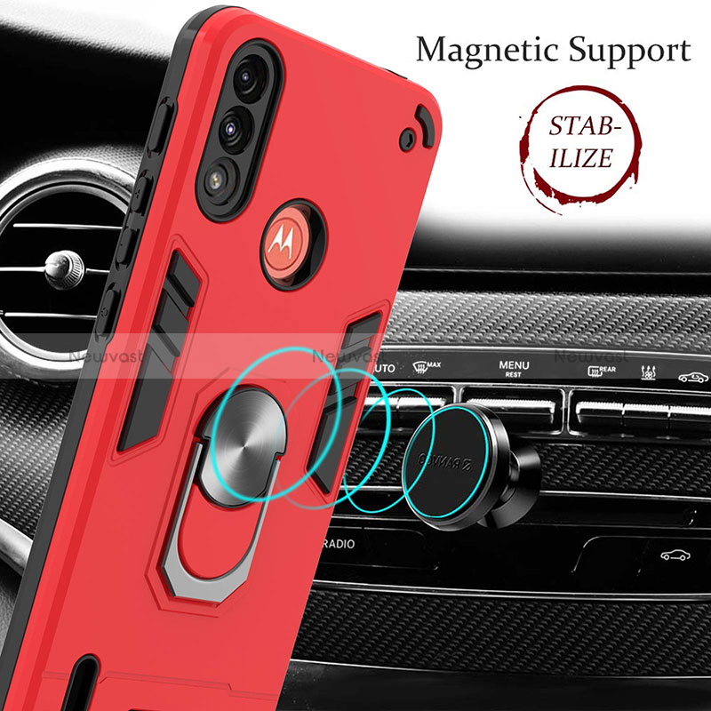 Silicone Matte Finish and Plastic Back Cover Case with Magnetic Finger Ring Stand YB1 for Motorola Moto E7 Power