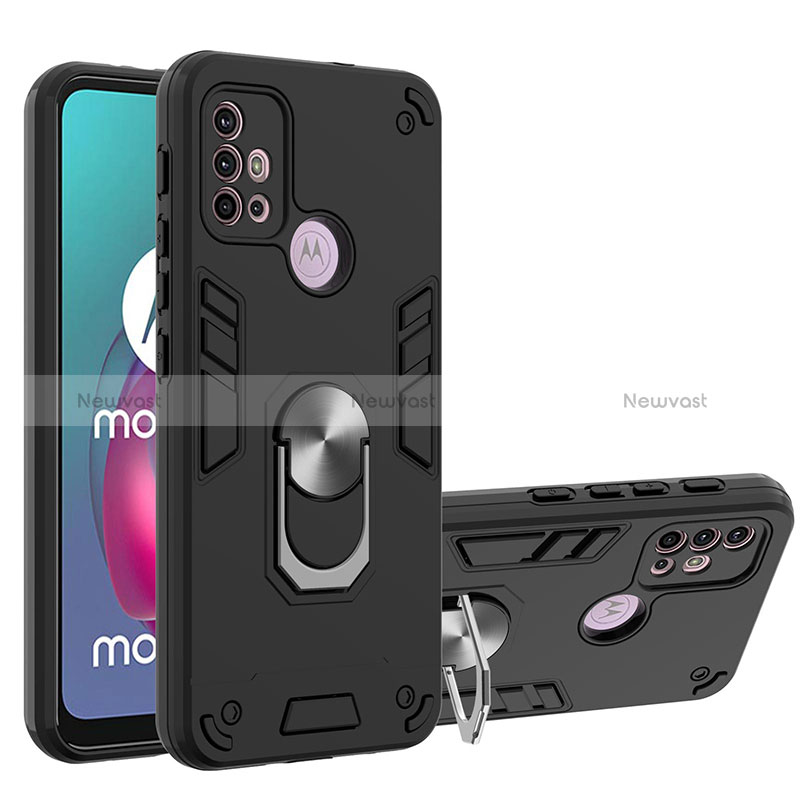 Silicone Matte Finish and Plastic Back Cover Case with Magnetic Finger Ring Stand YB1 for Motorola Moto G10