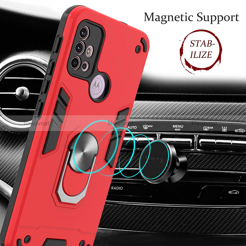 Silicone Matte Finish and Plastic Back Cover Case with Magnetic Finger Ring Stand YB1 for Motorola Moto G10