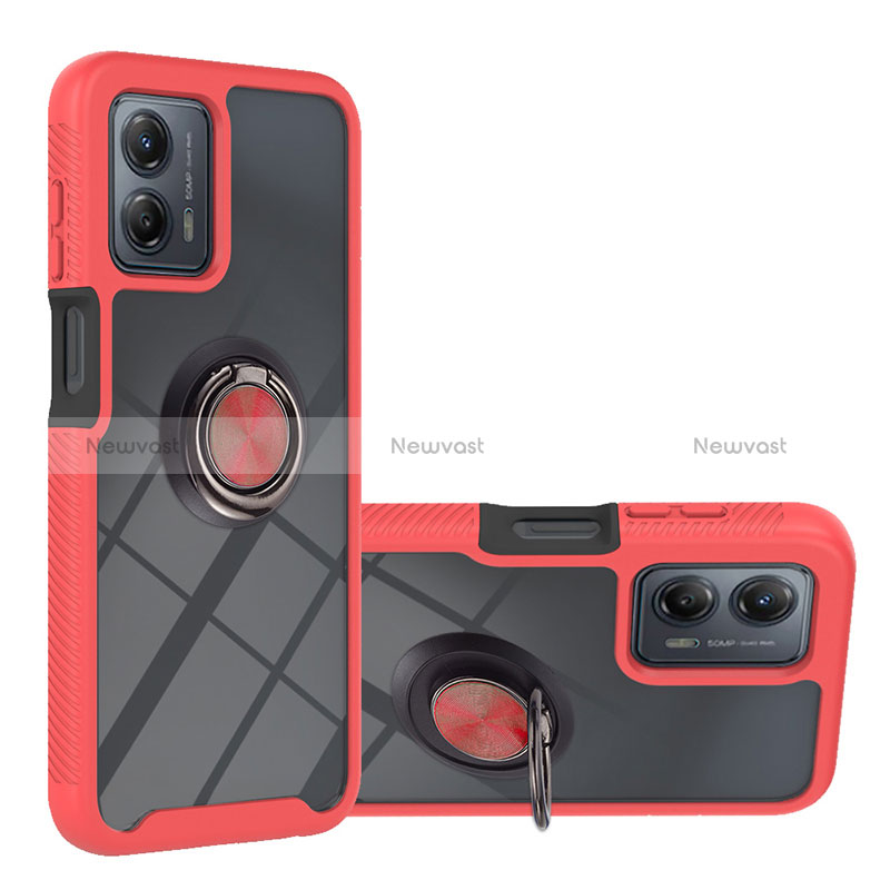 Silicone Matte Finish and Plastic Back Cover Case with Magnetic Finger Ring Stand YB1 for Motorola Moto G53 5G Red