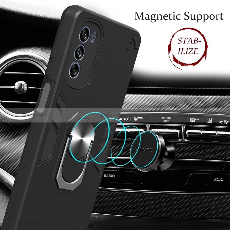 Silicone Matte Finish and Plastic Back Cover Case with Magnetic Finger Ring Stand YB1 for Motorola Moto G62 5G