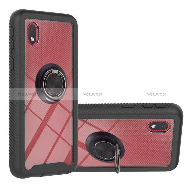 Silicone Matte Finish and Plastic Back Cover Case with Magnetic Finger Ring Stand YB1 for Samsung Galaxy A01 Core