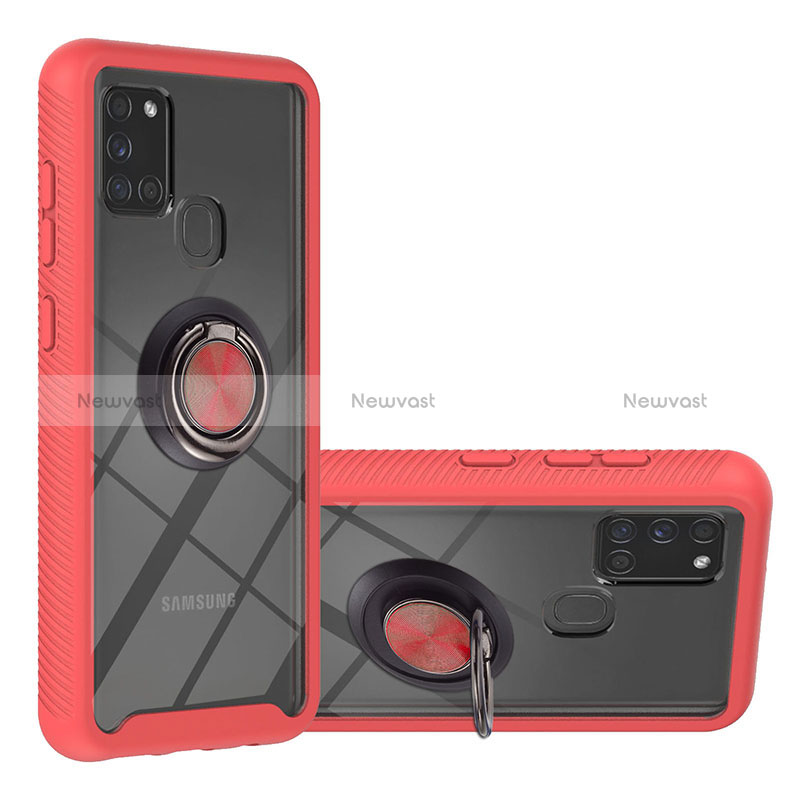 Silicone Matte Finish and Plastic Back Cover Case with Magnetic Finger Ring Stand YB1 for Samsung Galaxy A21s Red