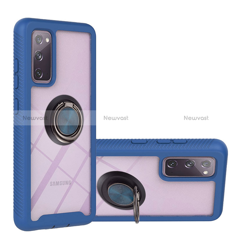 Silicone Matte Finish and Plastic Back Cover Case with Magnetic Finger Ring Stand YB1 for Samsung Galaxy S20 FE 5G Blue