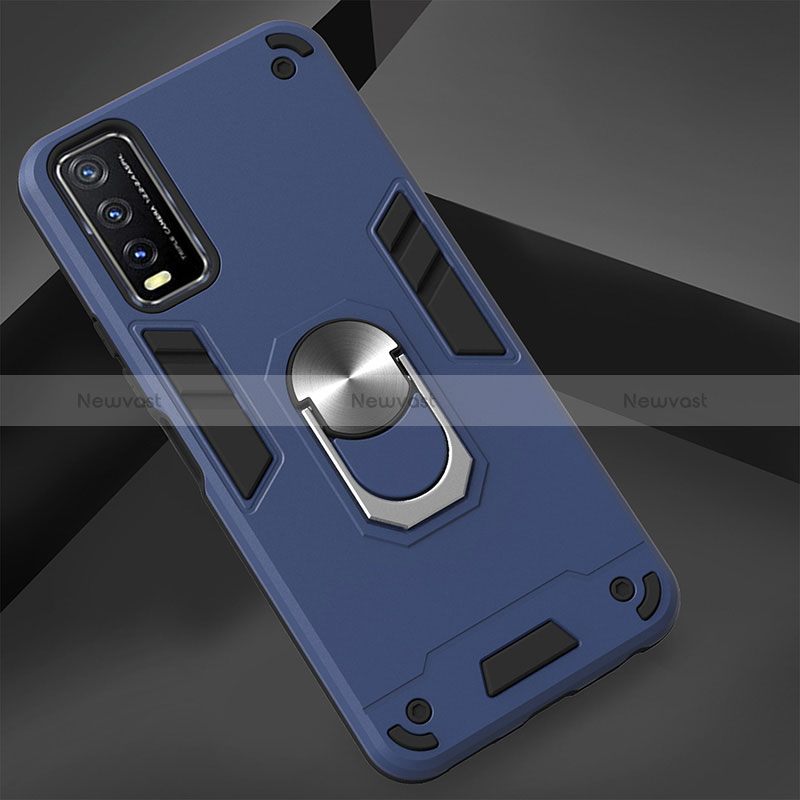 Silicone Matte Finish and Plastic Back Cover Case with Magnetic Finger Ring Stand YB1 for Vivo Y20