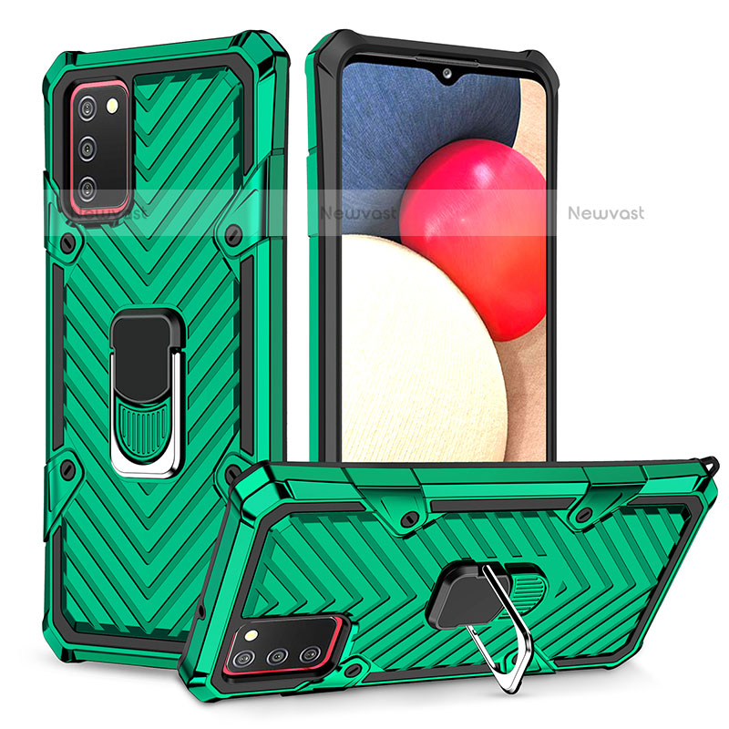 Silicone Matte Finish and Plastic Back Cover Case with Magnetic Finger Ring Stand YF1 for Samsung Galaxy A02s Green