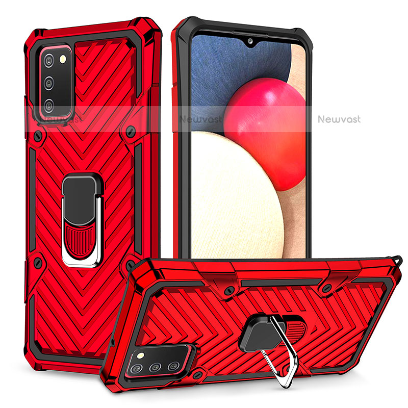 Silicone Matte Finish and Plastic Back Cover Case with Magnetic Finger Ring Stand YF1 for Samsung Galaxy A02s Red