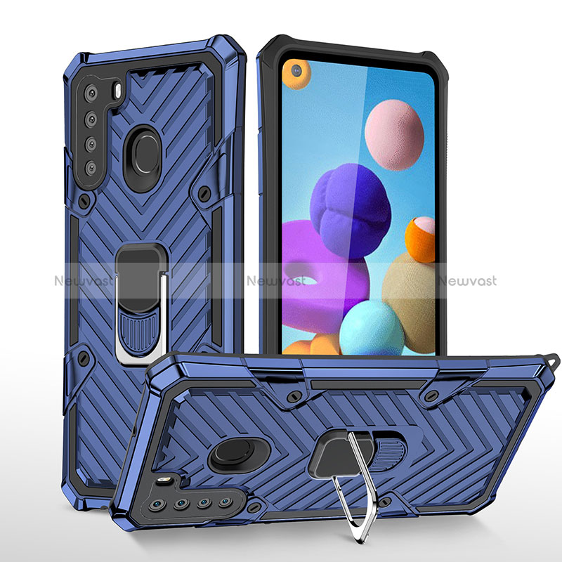 Silicone Matte Finish and Plastic Back Cover Case with Magnetic Finger Ring Stand YF1 for Samsung Galaxy A21 Blue