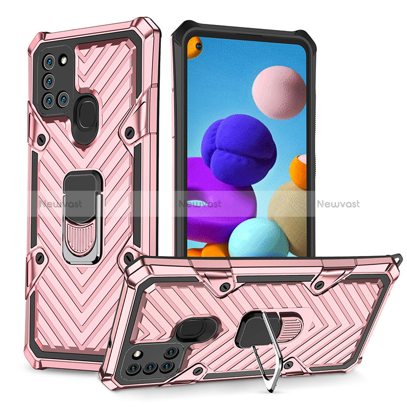 Silicone Matte Finish and Plastic Back Cover Case with Magnetic Finger Ring Stand YF1 for Samsung Galaxy A21s