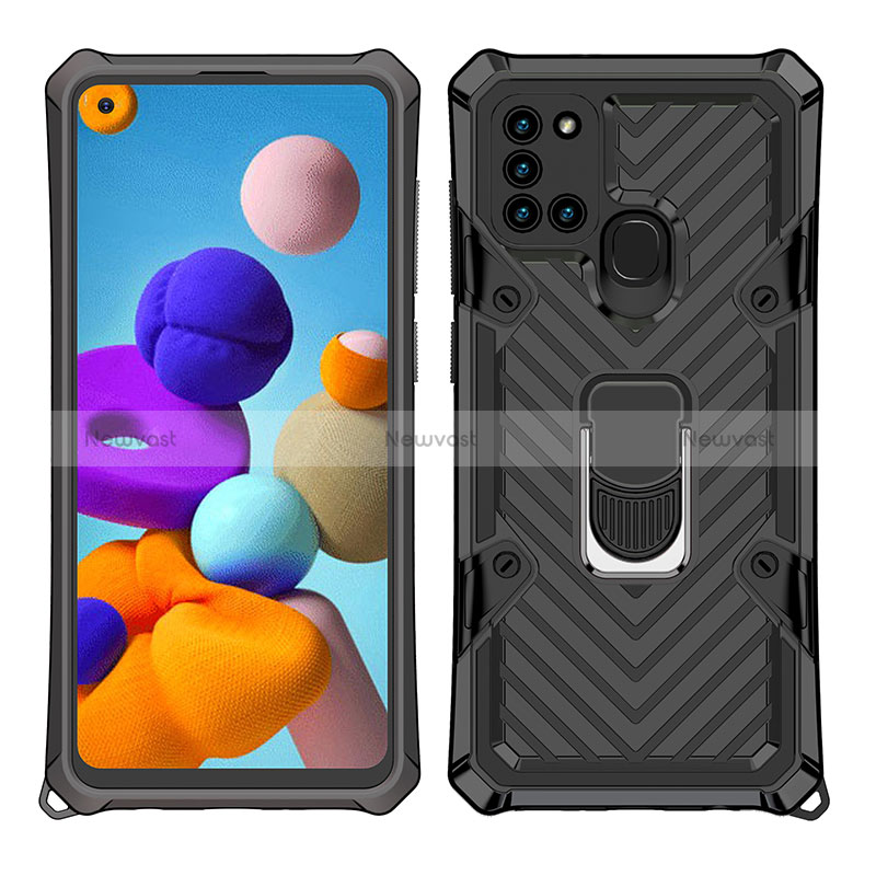 Silicone Matte Finish and Plastic Back Cover Case with Magnetic Finger Ring Stand YF1 for Samsung Galaxy A21s