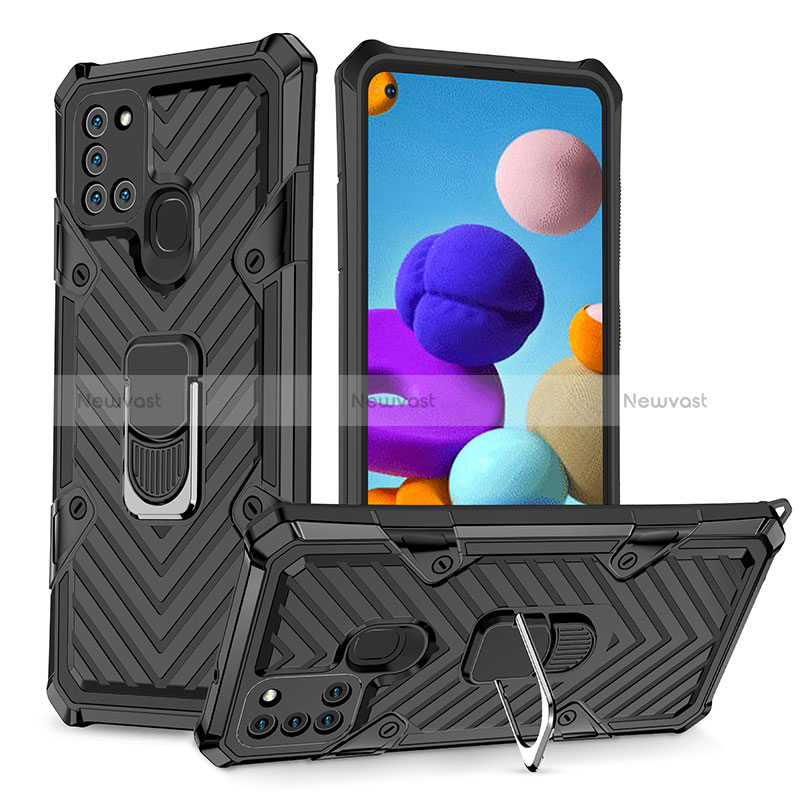 Silicone Matte Finish and Plastic Back Cover Case with Magnetic Finger Ring Stand YF1 for Samsung Galaxy A21s Black