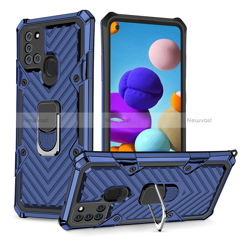 Silicone Matte Finish and Plastic Back Cover Case with Magnetic Finger Ring Stand YF1 for Samsung Galaxy A21s Blue