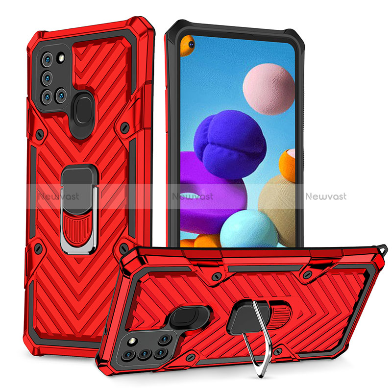 Silicone Matte Finish and Plastic Back Cover Case with Magnetic Finger Ring Stand YF1 for Samsung Galaxy A21s Red