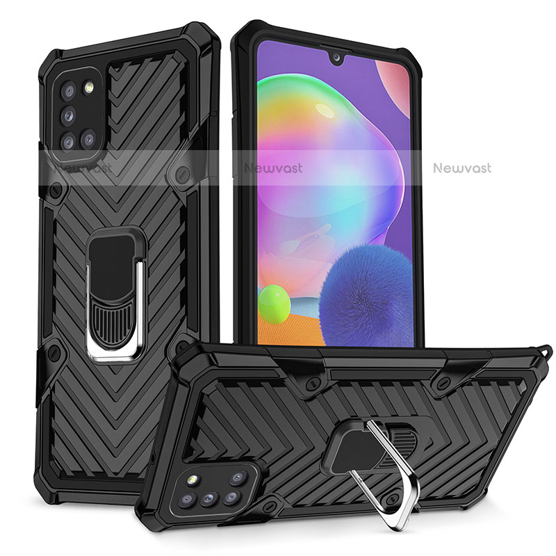 Silicone Matte Finish and Plastic Back Cover Case with Magnetic Finger Ring Stand YF1 for Samsung Galaxy A31 Black