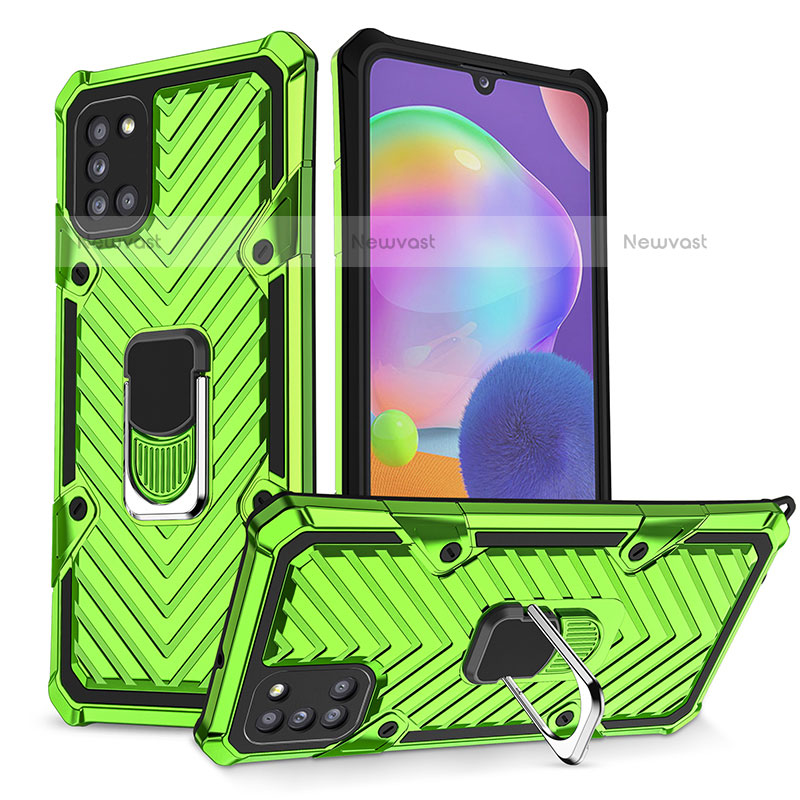 Silicone Matte Finish and Plastic Back Cover Case with Magnetic Finger Ring Stand YF1 for Samsung Galaxy A31 Matcha Green