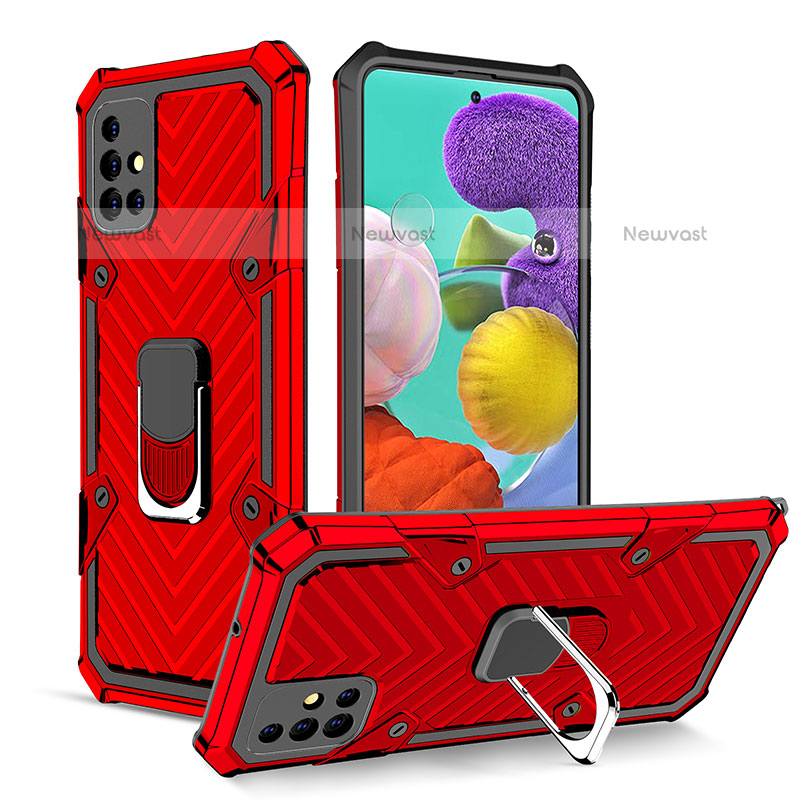 Silicone Matte Finish and Plastic Back Cover Case with Magnetic Finger Ring Stand YF1 for Samsung Galaxy A51 4G Red