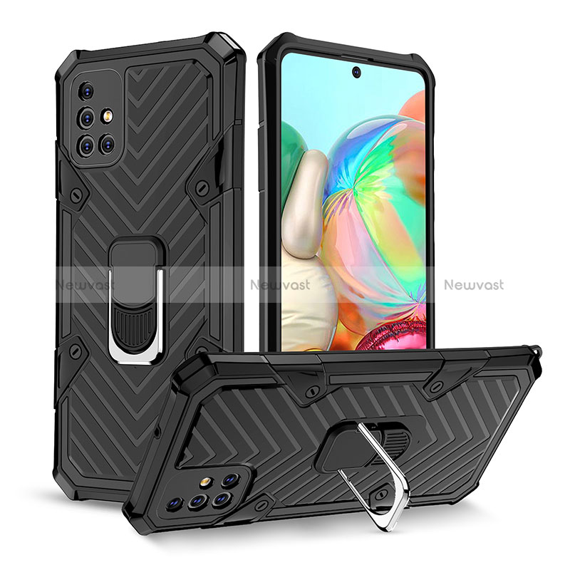 Silicone Matte Finish and Plastic Back Cover Case with Magnetic Finger Ring Stand YF1 for Samsung Galaxy A71 5G Black