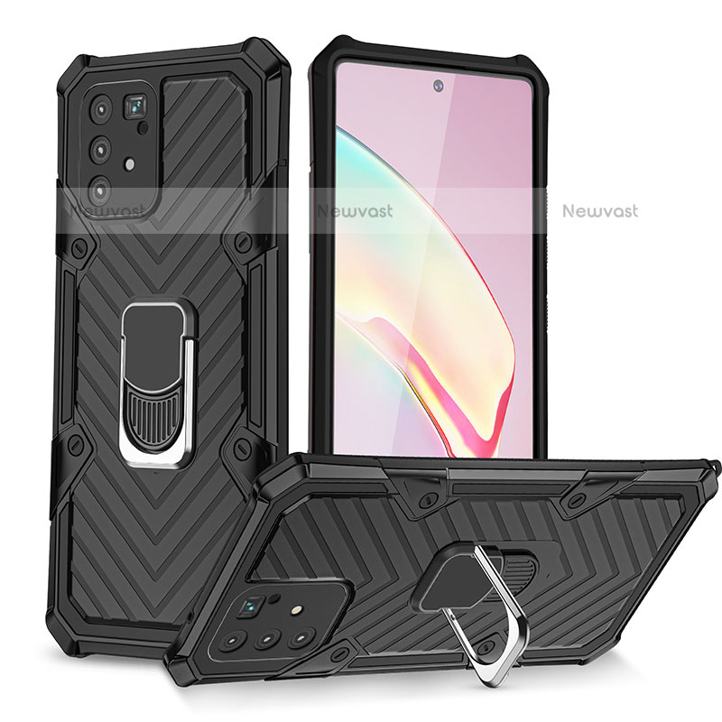 Silicone Matte Finish and Plastic Back Cover Case with Magnetic Finger Ring Stand YF1 for Samsung Galaxy A91 Black