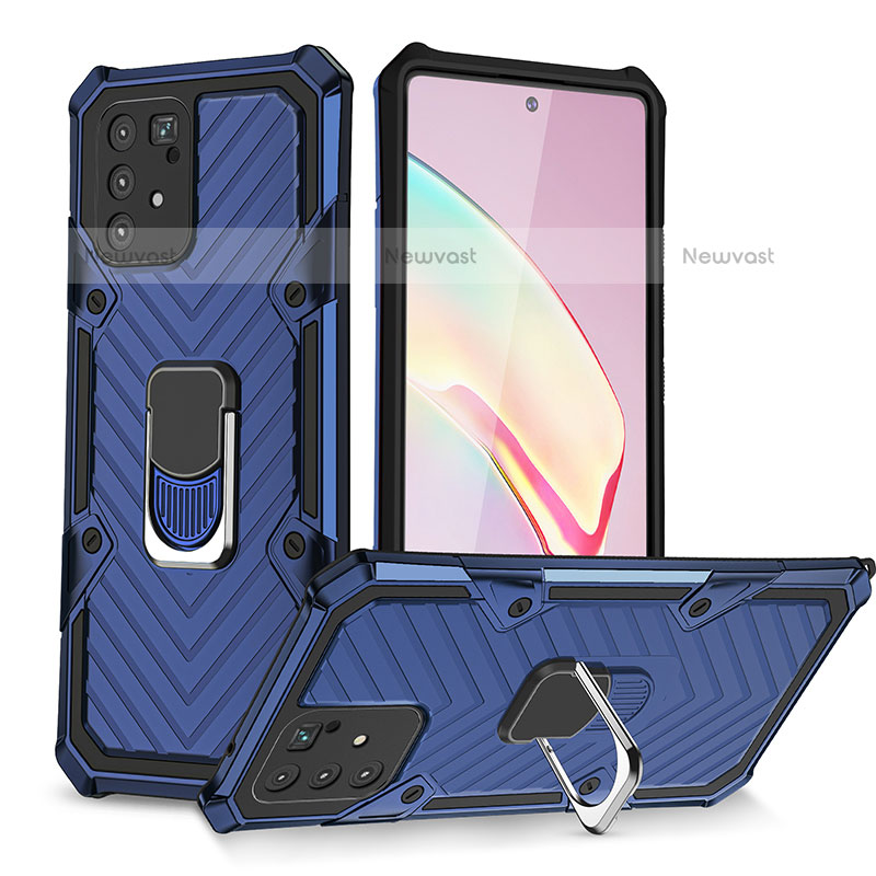 Silicone Matte Finish and Plastic Back Cover Case with Magnetic Finger Ring Stand YF1 for Samsung Galaxy A91 Blue