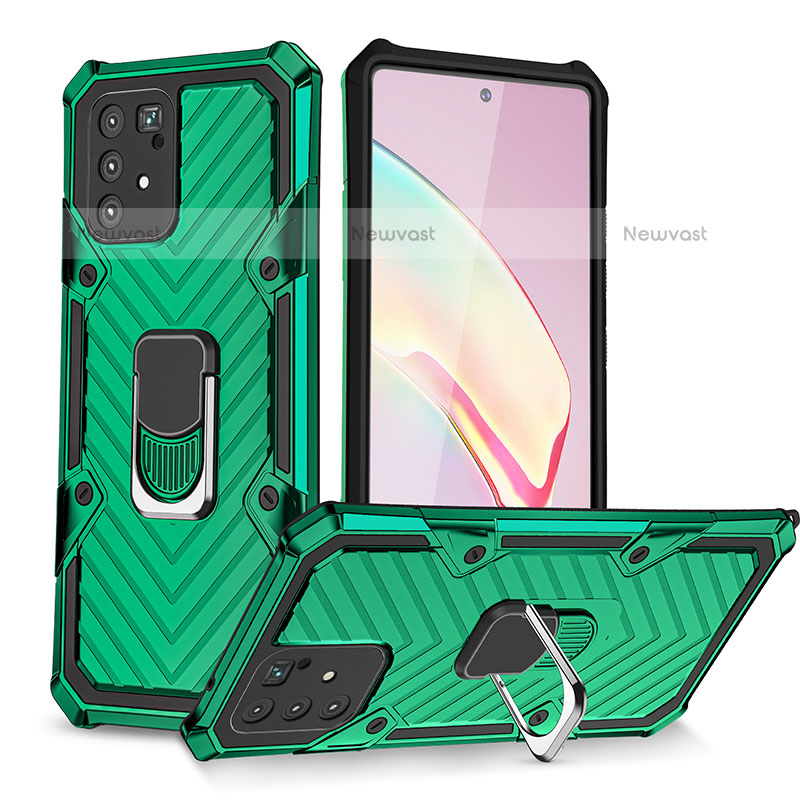 Silicone Matte Finish and Plastic Back Cover Case with Magnetic Finger Ring Stand YF1 for Samsung Galaxy A91 Green