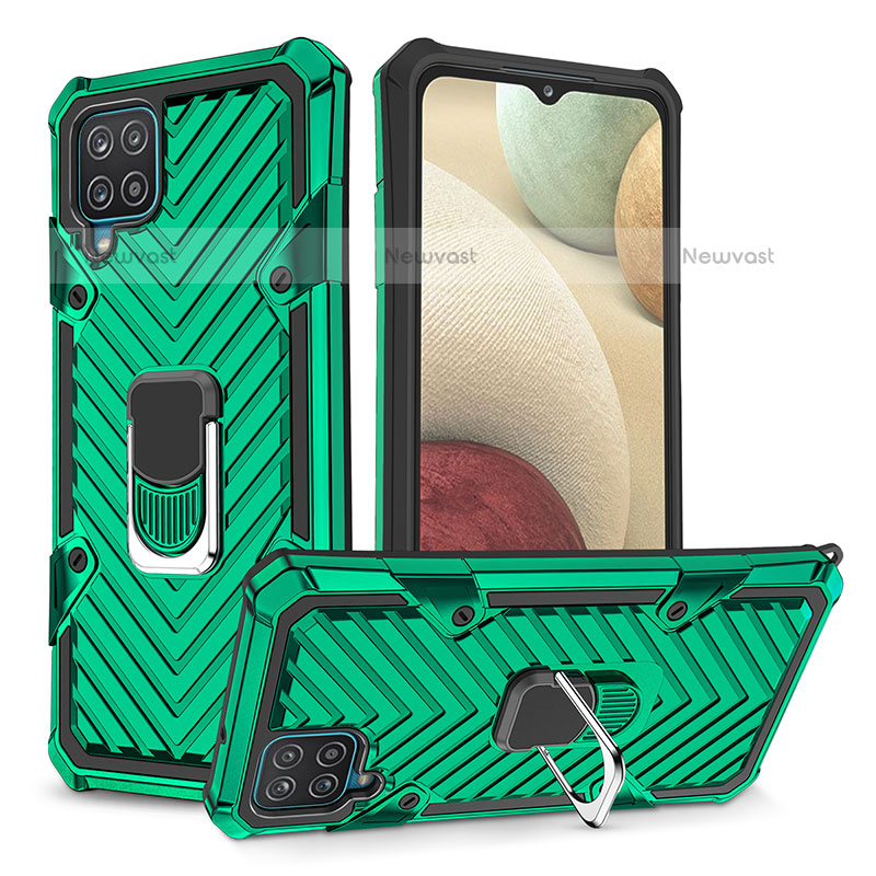 Silicone Matte Finish and Plastic Back Cover Case with Magnetic Finger Ring Stand YF1 for Samsung Galaxy F12 Green