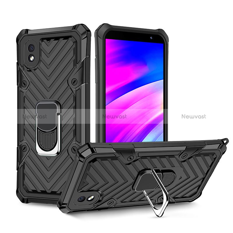 Silicone Matte Finish and Plastic Back Cover Case with Magnetic Finger Ring Stand YF1 for Samsung Galaxy M01 Core Black