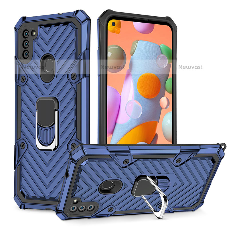 Silicone Matte Finish and Plastic Back Cover Case with Magnetic Finger Ring Stand YF1 for Samsung Galaxy M11 Blue