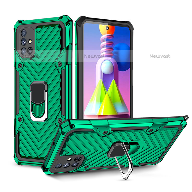 Silicone Matte Finish and Plastic Back Cover Case with Magnetic Finger Ring Stand YF1 for Samsung Galaxy M51 Green