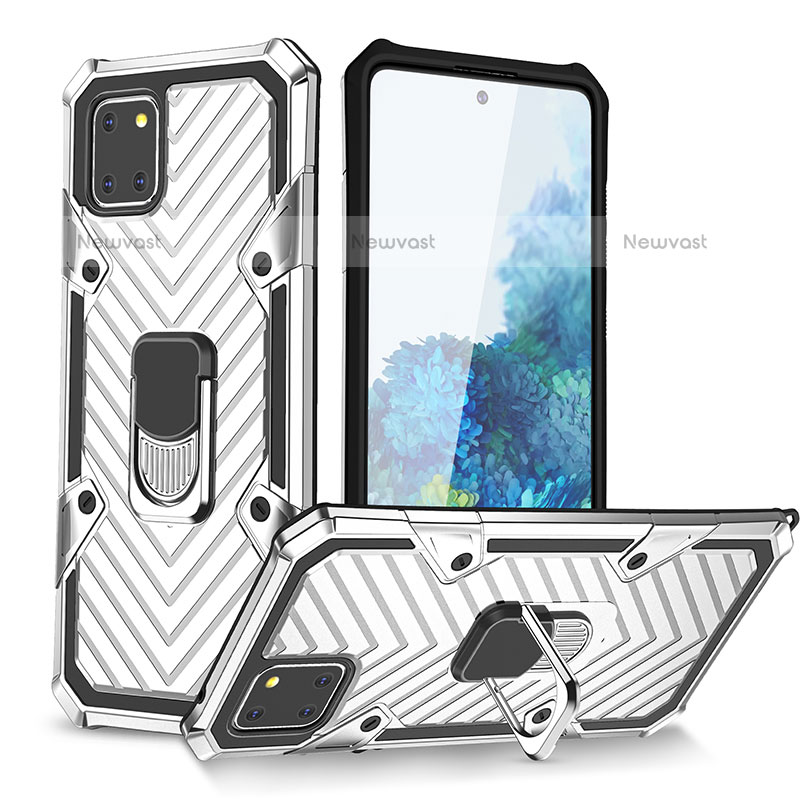 Silicone Matte Finish and Plastic Back Cover Case with Magnetic Finger Ring Stand YF1 for Samsung Galaxy Note 10 Lite Silver