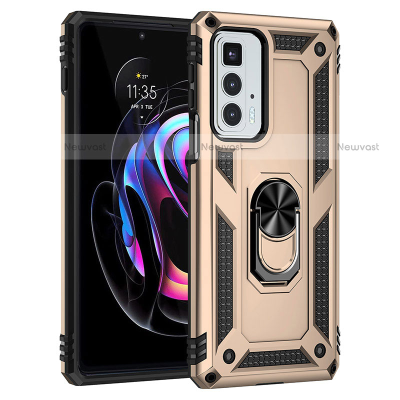 Silicone Matte Finish and Plastic Back Cover Case with Magnetic Finger Ring Stand Z01 for Motorola Moto Edge 20 Pro 5G Gold