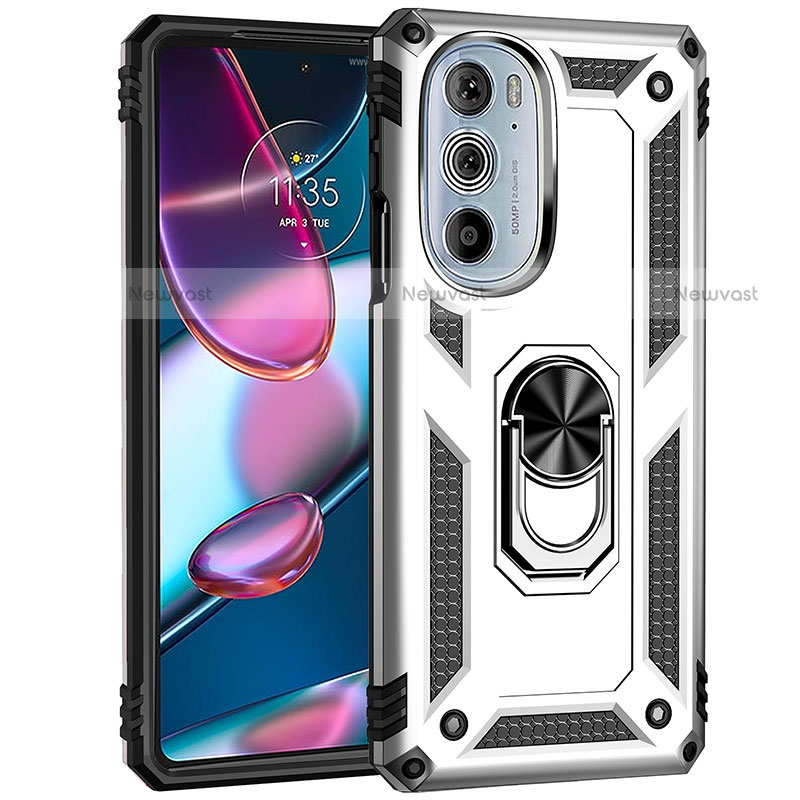 Silicone Matte Finish and Plastic Back Cover Case with Magnetic Finger Ring Stand Z01 for Motorola Moto Edge 30 Pro 5G Silver