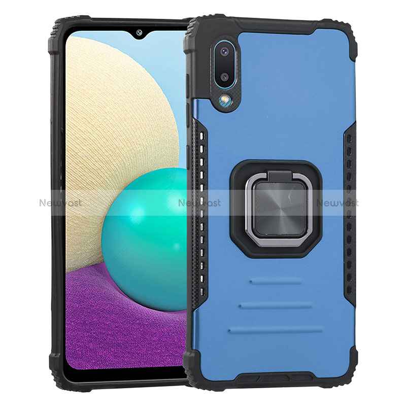 Silicone Matte Finish and Plastic Back Cover Case with Magnetic Finger Ring Stand ZJ1 for Samsung Galaxy A02 Blue