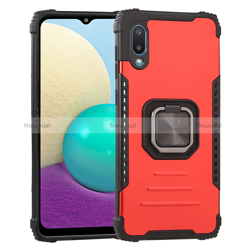 Silicone Matte Finish and Plastic Back Cover Case with Magnetic Finger Ring Stand ZJ1 for Samsung Galaxy A02 Red