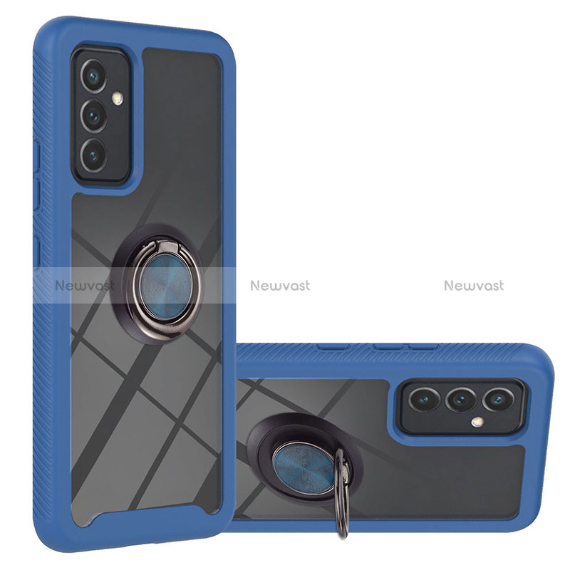 Silicone Matte Finish and Plastic Back Cover Case with Magnetic Finger Ring Stand ZJ1 for Samsung Galaxy A15 LTE Blue