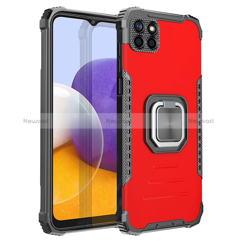 Silicone Matte Finish and Plastic Back Cover Case with Magnetic Finger Ring Stand ZJ1 for Samsung Galaxy A22s 5G Red