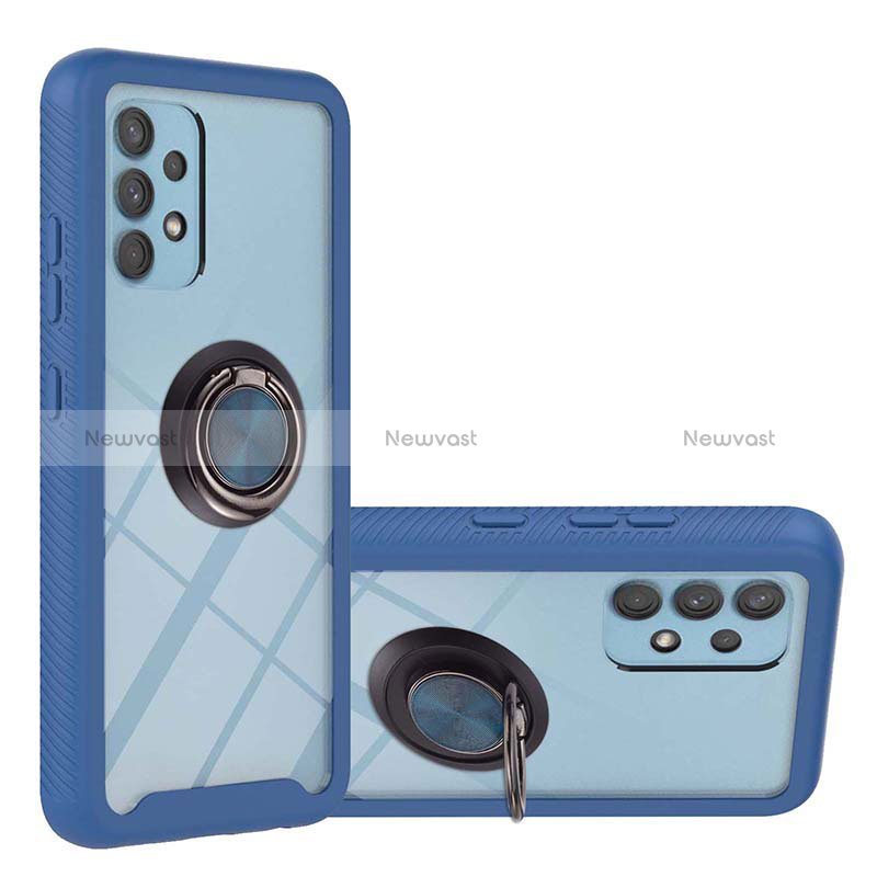 Silicone Matte Finish and Plastic Back Cover Case with Magnetic Finger Ring Stand ZJ1 for Samsung Galaxy A32 4G Blue