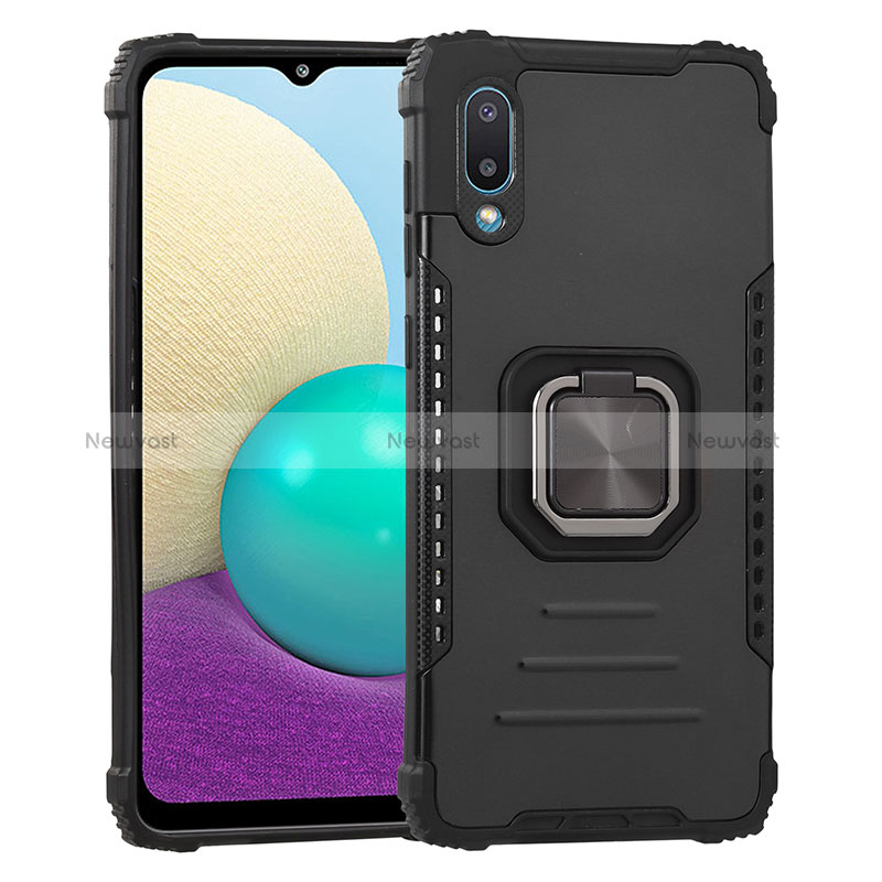 Silicone Matte Finish and Plastic Back Cover Case with Magnetic Finger Ring Stand ZJ1 for Samsung Galaxy M02